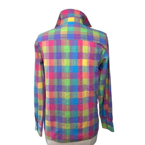 Foxcroft Women's Rainbow Multicolor Plaid Button-Up Casual Cotton Shirt - Picture 3 of 4